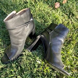 Black Leather Peep Toe Chunky Heel Booties